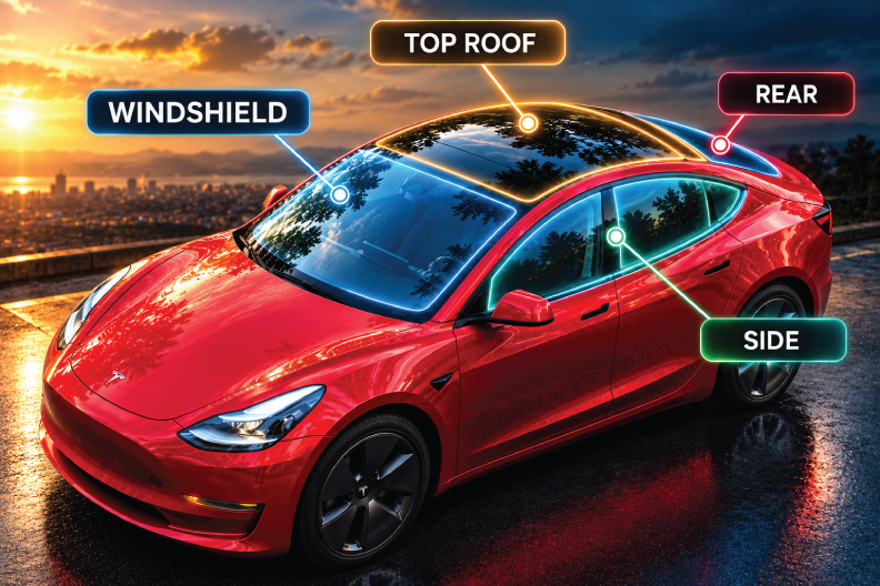 4 main windows protection areas with epu film tesla model 3